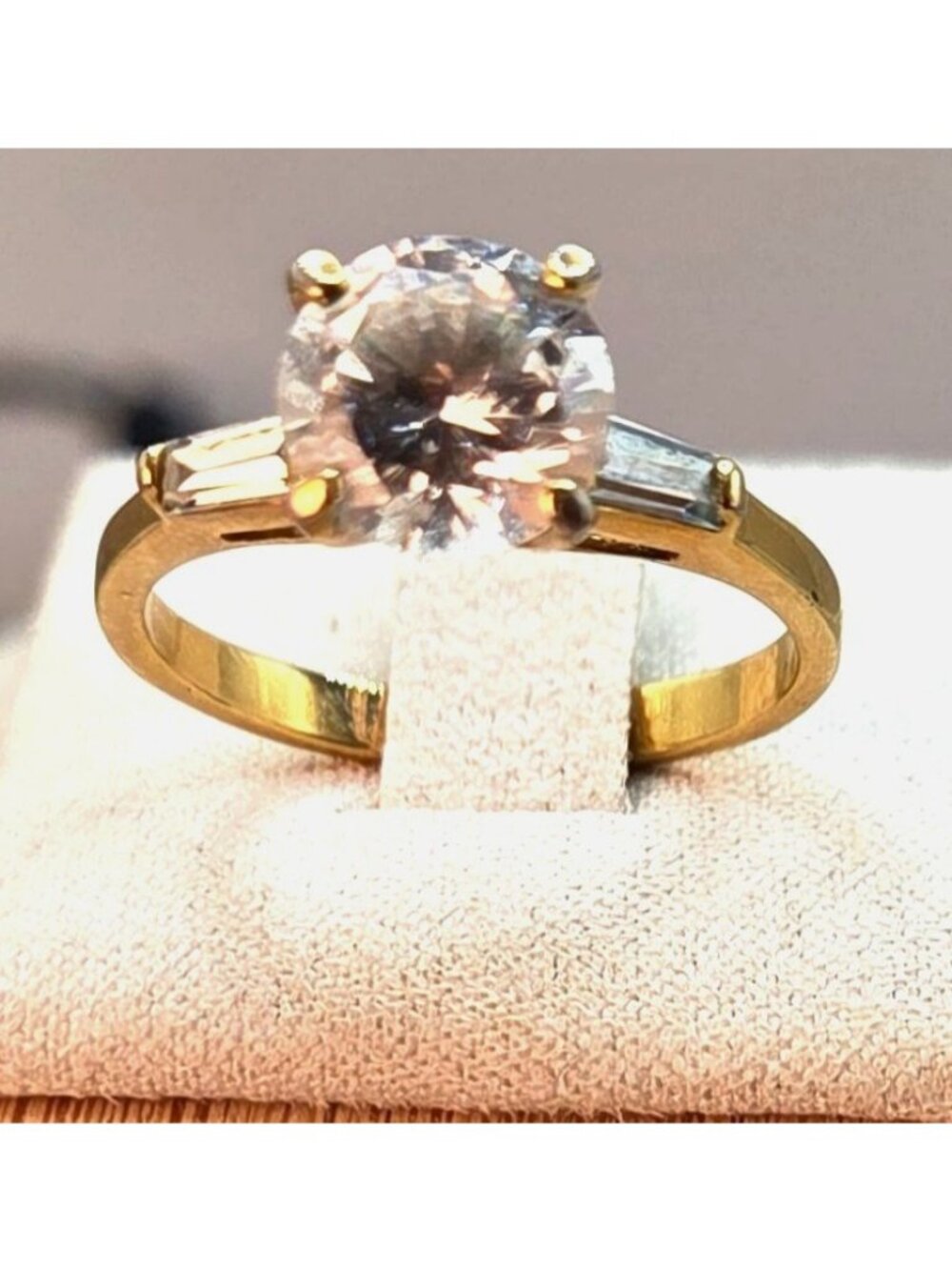 14K Gold Plated Solitaire Ring With Round & Baguette Cubic Zirconia Stones Size